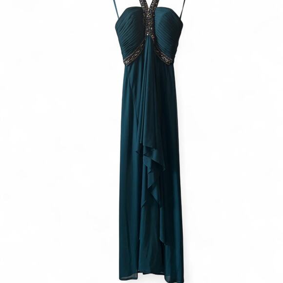 Xscape Teal Beaded Halter Evening Gown – Size 6 - Picture 2 of 8